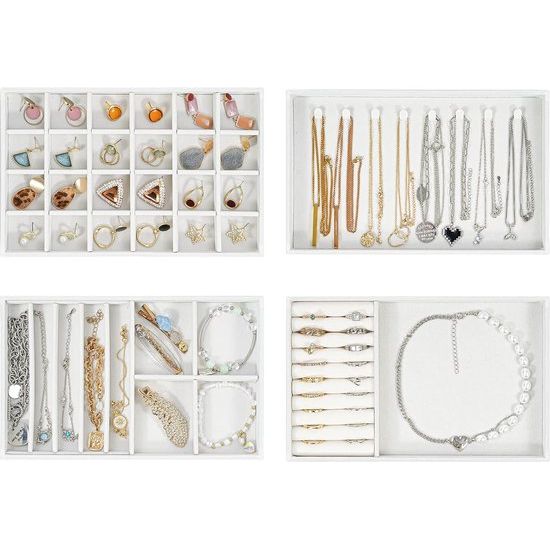 Sieradenbak-organizerset met 4 sieradenkommen, stapelbare sieradenlade-organizer, sieradeninzet sieradenopslag voor kettingen, armbanden, oorbellen, ringen, horloges - warm wit