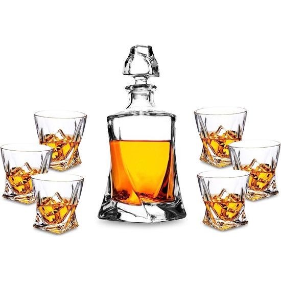 7-delige whiskyglazen en karafset, loodvrije kristalglazen, 800 ml whiskykaraf met 6 x 300 ml glazen, hoogwaardig, mooie geschenkdoos