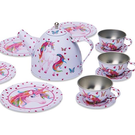 Magische eenhoorn theepot van tin met koffer (14 stuks speelservies set in roze)