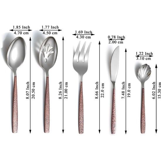 5-delig serveerbestek, roestvrijstalen bestek, bruin handvat en glanzende zilveren kop, opscheplepel, schuimspaan, serveervork, suikerlepel, boterspatel