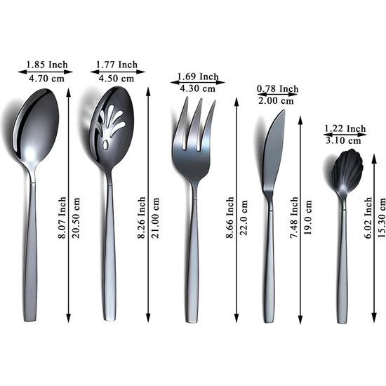5 stuks zwart bestek, roestvrijstalen bestek met zwarte titanium coating, serveerlepel, schuimlepel, serveervork, suikerlepel, boterstrooier, vaatwasmachinebestendig