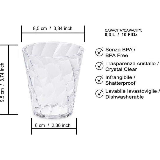 Set waterglazen, Set van 4 gekleurde plastic glazen in transparant acryl (Bpa-vrij), 35cl inhoud, Made in Italy, Diamond-effect afwerking, Diamond line, Turkoois