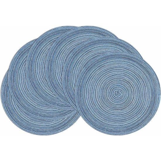 Set van 6 placemats wasbaar rond blauwe placemats rond gevlochten hittebestendige placemats rond wasbare vuilafstotende placemats voor bruiloft, restaurant, keuken, feest