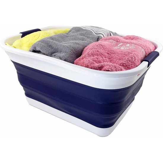 30 l opvouwbare wasmand van kunststof, opvouwbare pop-up opbergbak/organizer, draagbare wasbak, ruimtebesparende wasmand (1, wit/marineblauw)