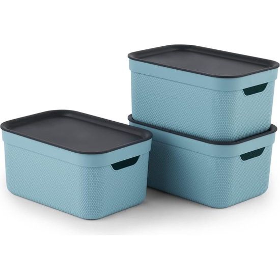 Decobox set van 3 opbergdozen 5 l met deksel, kunststof (PP recycled), turquoise/antraciet, 3x5l (26,5 x 18,5 x 20,0 cm)