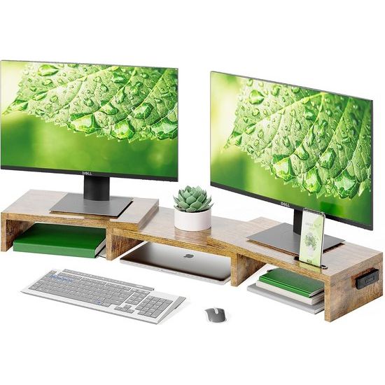 desktop monitorstandaard met smartphonehouder, verstelbare lengte en zwenkhoek, houten bureau-organizer, monitorstandaard voor pc-monitor, laptopprinter, vintage bruin