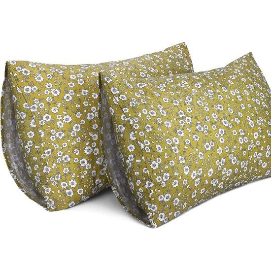 Set van 2 kussenslopen, 100% katoen, 400 draad, ademende kussenovertrek, hoofdkussensloop, gebloemd groen, 50 x 75 cm