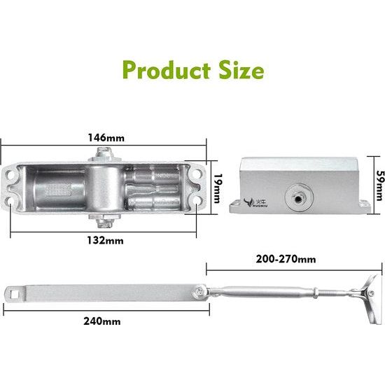 Deursluiter, automatische hydraulische veer, deursluiter, variabel instelbaar, aluminiumlegering onderdeursluiter voor alle huis- en woningdeuren, 25-65 kg, deurbreedte 60-121 cm, zilver