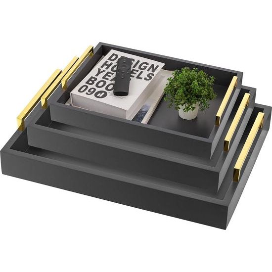 Dienblad Decoratief Dienblad Hout: Set van 3 Grijze Decoratieve Houten Dienbladen met Gouden Handgrepen Salontafel Rechthoekig Sieradendienblad Beddienblad Tafel Modern Kaarsendienblad Koffie Decoratief Dienblad
