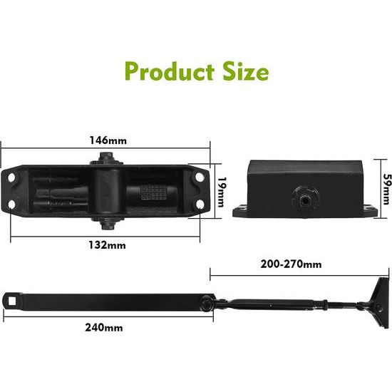 Deursluiter, automatische hydraulische veer, deursluiter, variabel instelbaar, aluminiumlegering onderdeursluiter voor alle huis- en woningdeuren, 25-65 kg, deurbreedte 60-122 cm, zwart