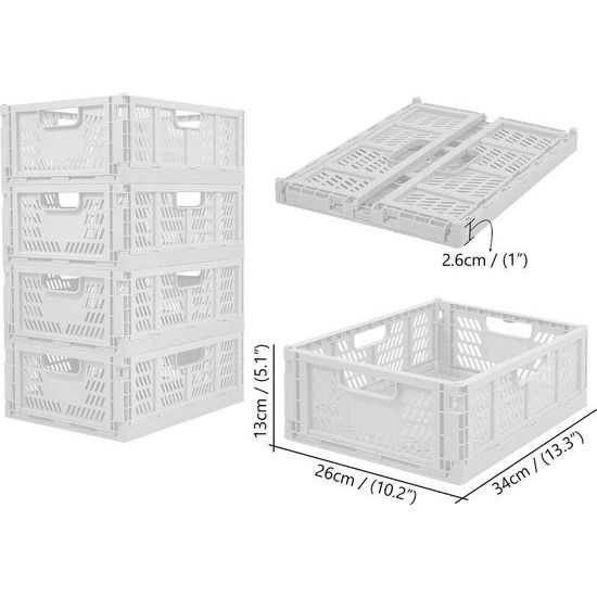 Opvouwbare plastic opbergkisten, 4-delige set, opvouwbare opbergmand, keuken, lade-inzetstukken, stapelbare opbergdozen, transportdozen, kastcontainers, kubussen, thuis, kantoor, slaapkamer, keuken, wit