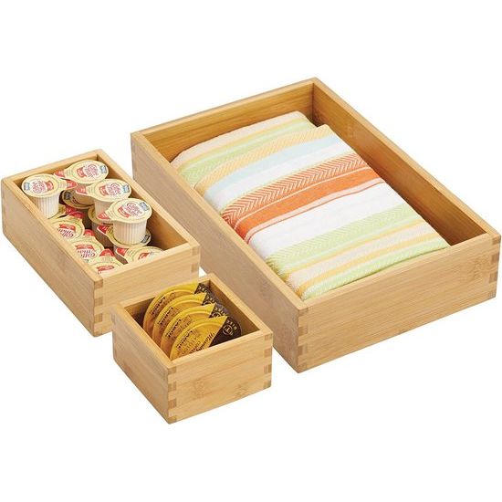 Opbergdoos voor de keuken – ladenbox van bamboe in verschillende maten – stapelbare lade-organizer voor bestek en keukengerei – set van 3 – natuurlijke kleuren