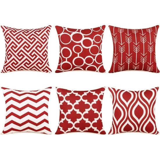 Kussenovertrekken, linnen, met geometrische patronen voor bank, huiskamer, auto, decoratieve kussenovertrekken, 45 x 45 cm, verpakking met 6 stuks, rood, 45 x 45 cm