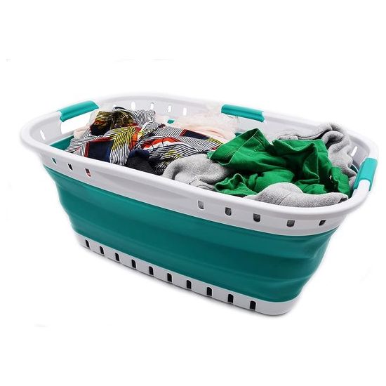 Opvouwbare kunststof wasmand van 44 liter, opvouwbare pop-up-opbergdoos, draagbare wasbak, ruimtebesparende mand (1, wit/blauwgroen, afmetingen: 64,5 x 44 x 26 cm