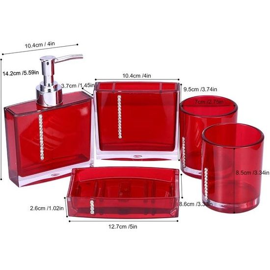 Yosoo 5-delige eersteklas badkamerset van hoogwaardig acryl met diamanten bad accessoires set lotion flessen, tandenborstelhouder, tand beker, zeepbakje (rood)