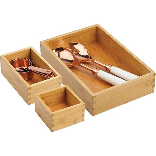 Opbergdoos voor de keuken – ladenbox van bamboe in verschillende maten – stapelbare lade-organizer voor bestek en keukengerei – set van 3 – natuurlijke kleuren