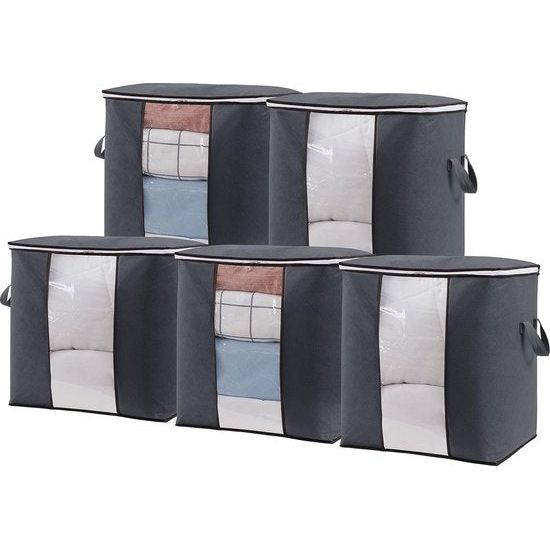 5 stuks 90 liter opbergtas voor dekbedden, opvouwbare opbergdoos met deksel, kast, kledingkast, organizer, verhuisdozen, onderbed, opslag voor kleding, kleding, grijs