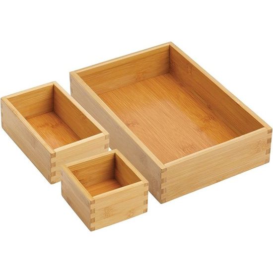 Opbergdoos voor de keuken – ladenbox van bamboe in verschillende maten – stapelbare lade-organizer voor bestek en keukengerei – set van 3 – natuurlijke kleuren