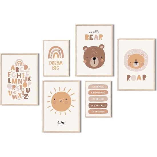 Poster kinderkamer | set van 6 DIN A4 | wandafbeeldingen | kinderkamerposters | deco foto's kinderkamer | appiraties | ABC-posters | babykamer decoratie | muurposter Premium