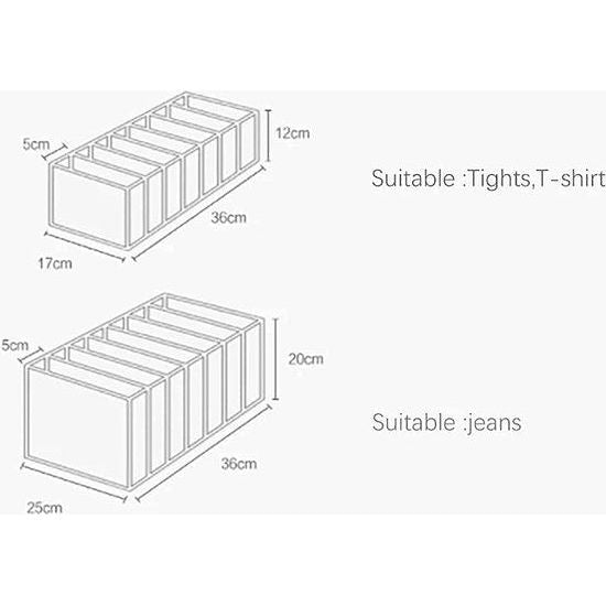 2 x jeansvak opbergdoos kast, kledinglade net verdeeldoos kledingkast kledingorganizer, 7 vakken, opvouwbare lade wasbaar huishouden (wit, L (36 * 25 * 20 cm)
