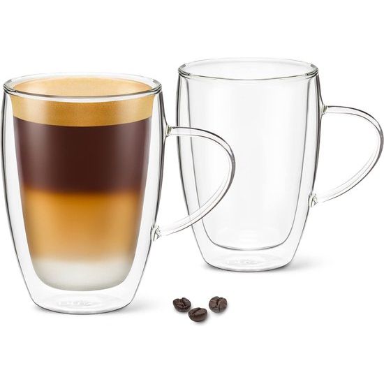 Koffiemokken, set van 2 latte glazen van 12 oz met handvat, dubbelwandige geïsoleerde koppen van helder borosilicaatglas - wijn, theeglazen.