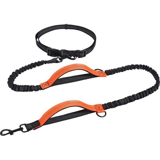 Jogginglijn voor honden, joggen, hondenriem voor middelgrote en grote honden, elastische en reflecterende hondenriem, 160-260 cm, intrekbare riem met dubbele handgreep en tailleriem (zwart en oranje)