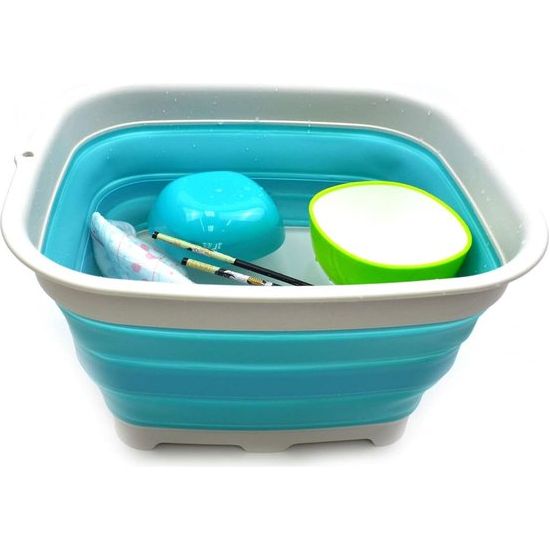 Foldable bowl of 15 liters with drain plug - Foldable sink - Portable dishwasher sink - Space-saving kitchen rack (light blue)