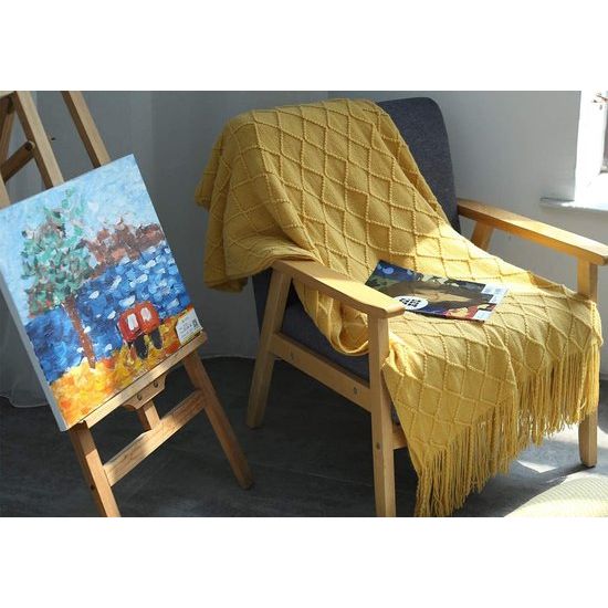 Woondeken, zacht, gebreid, wollen deken, kwastjes, knuffeldeken, sofadeken, slaapdeken, geel, 125 x 210 cm