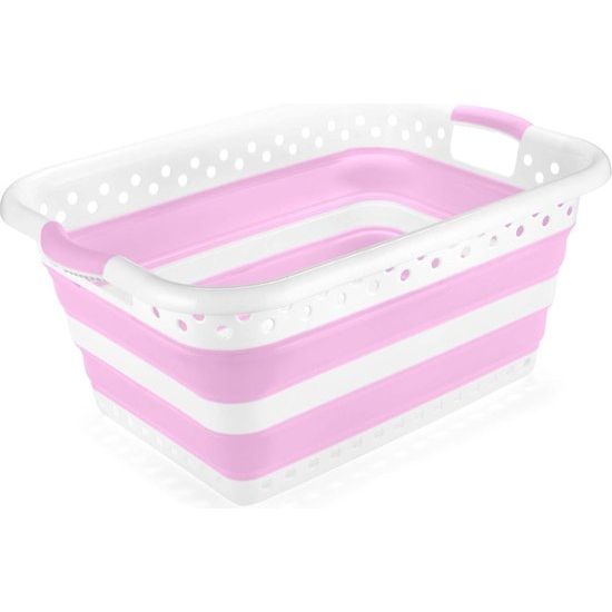 ruimtebesparende rechthoekige opvouwbare wasmand 45L wit roze