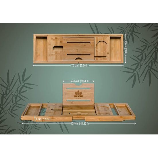 Uitschuifbare houten badplank 70-105 x 23 x 4 cm - bamboe badkuip met standaard en pen voor tablets en telefoons - wijnhouder badkuip - badtafel - tablethouder badkuip