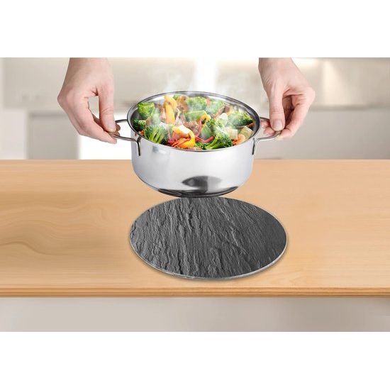 Round Slate Trivet for Hot Pots and Pans, Heat Protection for Table and Worktop, Tempered Glass, Stable with 4 Non-Slip Feet, with Hanger, Diameter 20 cm