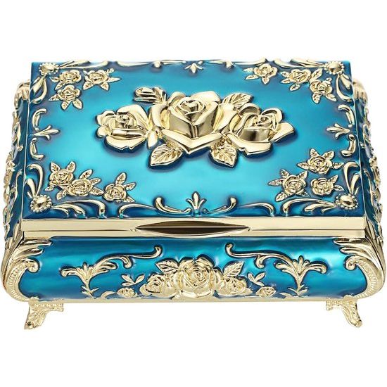 Vintage sieradendoos met deksel van blauw metaal met gouden bloemvorm sieradendoos sieradendoos sieradenkoffer voor ring armband oorbellen voor dames, cadeau voor zachte nachten verjaardag (midden)