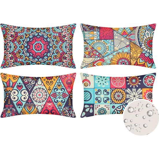 Waterdichte lendenkussenovertrekken voor de bank, set van 4, sierkussenovertrekken, abstract, Boheemse geometrie, linnen, decoratieve rechthoekige kussensloop, bankovertrek, vintage wooncultuur