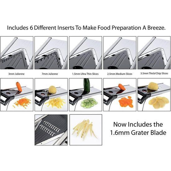 Mandoline, groentesnijder met V-lemmet, groenteschaaf, -snijder & julienne-rasp,inclusief 6 verschillende opzetstukken, reinigingsborstel & exclusieve handbescherming,roestvrij staal