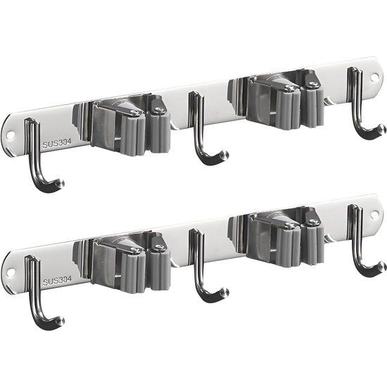 Bezemhouder muur, gereedschapshouder RVS met 2 houders en 3 haken, bezemsteelhouder, tuingereedschaphouder muur, muurbevestiging, bezemhouder voor badkamer, tuin, garage