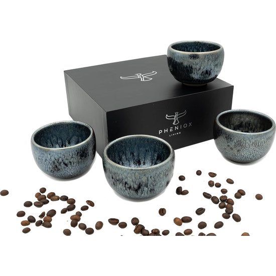 Espressokopjesset Galaxy, 4-delige set, 120 ml, hoogwaardige koffiekopjes van steengoed, zonder handvat, cadeau in modern design, cappuccino, mokka, thee, mokken