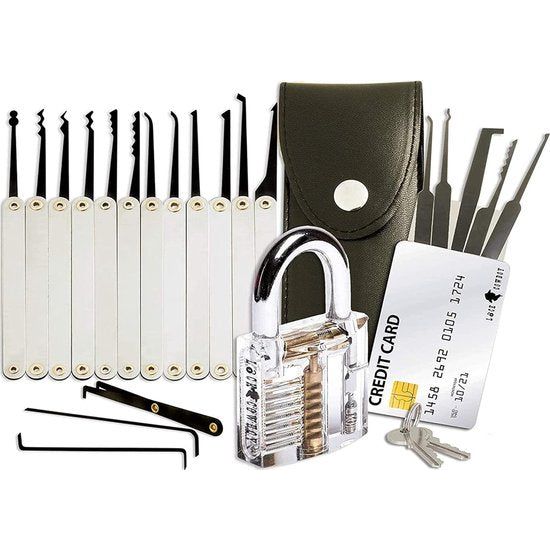 20-Piece Lock Pick Set with Transparent Padlock & False Key Kit with Credit Card Format For Beginners & Professionals