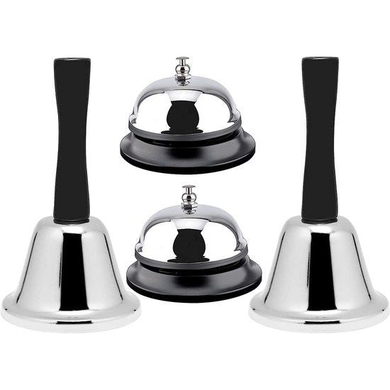 Set van 4 tafelbel, receptiebel, chromen tafelbel, handbel, tafelbel, oproepbel voor hotels, recepties, bars, keukens, scholen, restaurants, scholen en magazijnen, zilver