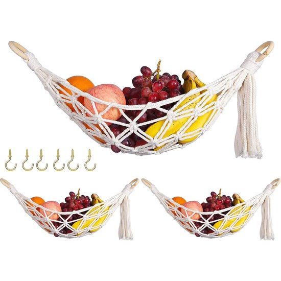 Hangende fruitmand, 3 verpakkingen macramé fruitmanden om onder de kast te hangen met 6 stuks voor macramé, fruitmand, hangmat, onderkast en keuken.