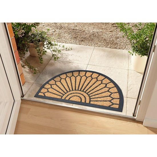 Kokos & Rubberen voetmat, halfrond voor binnen en buiten, vuilvangmat, naturel, kokosmat, outdoor ornamenten, weerbestendig en antislip, voor hal, terras, entree, 45 x 75 cm