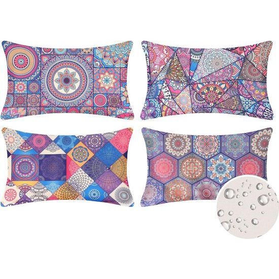 Pack of 4 Waterproof Cushion Covers Cotton Linen 30 x 50 cm Waist Pillowcase Sofa Cushion Retro Mandala Cushion Cover for Home Sofa Outdoor Garden Living Room Bedroom 12 x 20 Inches