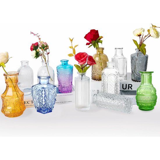 Mini-vaas, glazen vazen, set 12 stuks, kleine tafeldecoratie, outdoor, bruiloftsdecoratie, vintage bloemenvaas voor decoratie woonkamer, badkamer, verjaardag, bruiloft, tuinfeest, moederdagcadeau, met