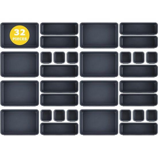 Lade-organizer, opbergsysteem, 32-delige lade-organizer voor kantoor, 3 maten, antislip lade-organizer voor bureau, badkamer, keuken, gebruiksvoorwerpen