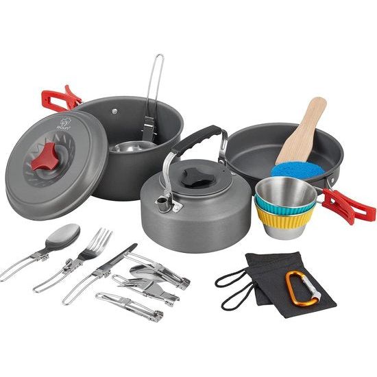 Camping kookgerei, set, campingservies voor gaskoker, aluminium, pannenset, opvouwbaar, kookpan, outdoor servies, pan, picknickservies voor camping, hiking, trekking, wandelen, 20-delig (2 personen)