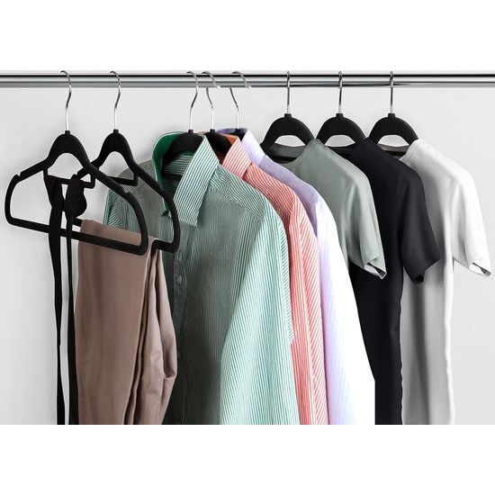 Premium antislip fluwelen hangers - Robuuste fluwelen hangers met stropdashouder - Sterke, ruimtebesparende hangers voor overhemden, jassen, jurken (zwart, 20 stuks)