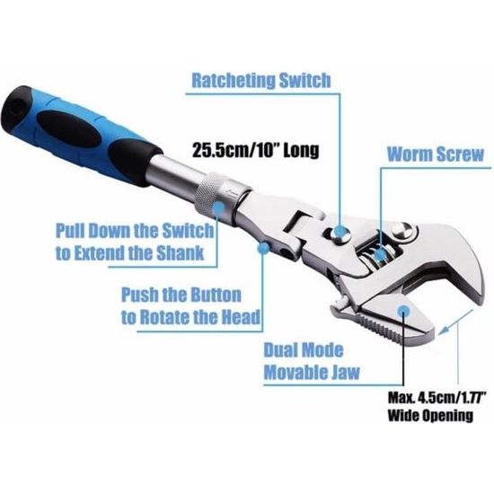 Verstelbare sleutel met flexibele kop, multifunctioneel, verstelbaar snelreparatiegereedschap voor pijpsleutels