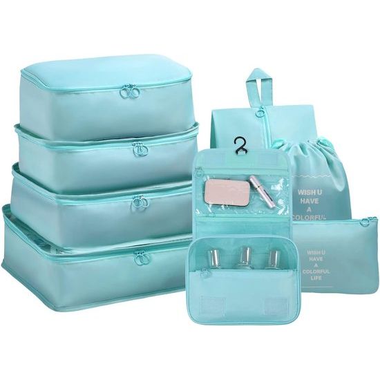 Kofferorganizerset, 8-delig, verpakkingsblokjes, waterdichte reiskledingzakken, inpakzakken voor koffer, kofferorganizer, reistas met make-uptas, schoenentas, USB-kabeltas (lichtblauw)