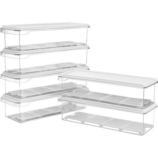 Kurtzy 3 Pak Plastic Koelkast Opslag Organizer Trommels met Deksels – Helder BPA Vrij, Stapelbare Koelkast en Diepvries Organizers met Drainage Plaat – Voor Keuken, Kelder, Kasten en Werkbladen