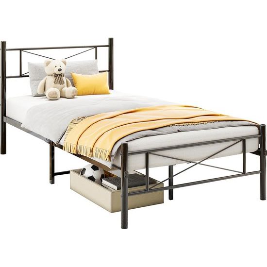 Metalen bed met lattenbodem, bedframe met hoofdeinde, eenpersoonsbed, gastenbed, eenpersoonsbedframe, 90 x 200 cm, zwart