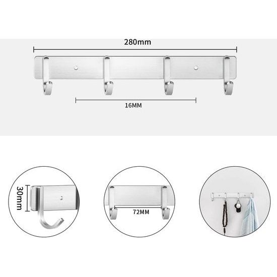 Haaklijst, kledinghaken, garderobelijst, keukenlijst, roestvrij staal, garderobehaken, wandhaken voor badkamer, keuken, kleding, handdoek (4 haken, 28 cm)